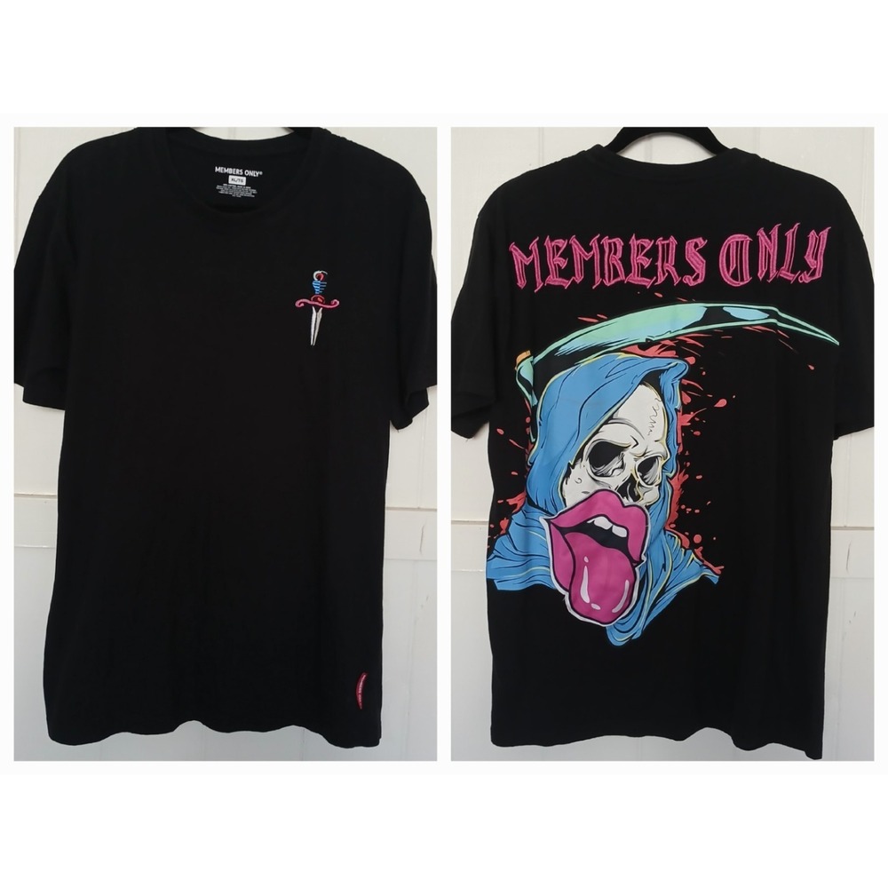 Members‎ Only T-Shirt Grim Reaper Graphic Embroidered Men's XL Black Cotton SS